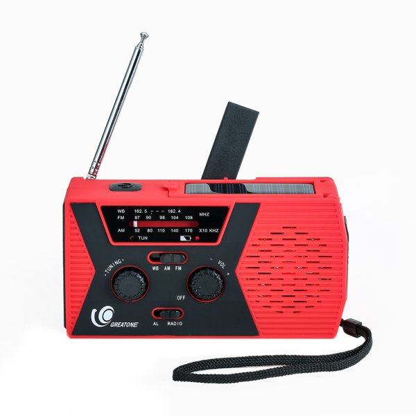 Nødradio med solceller og 2000 mAh powerbank - Signal rød